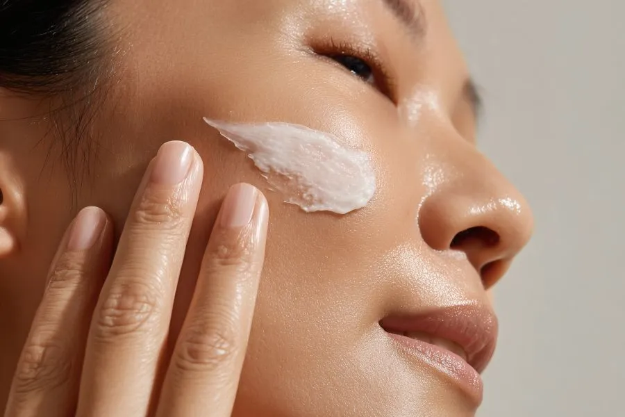 A girl swiping cream on her cheek.